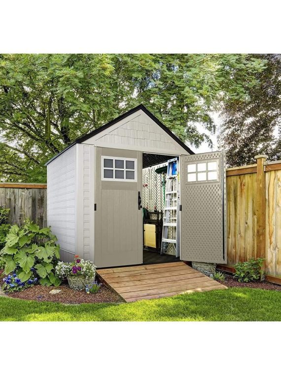 77 Ft Durable Weather Resistant Resin Outdoor Garden Storage Shed with Windows and Utility Hooks, Sand