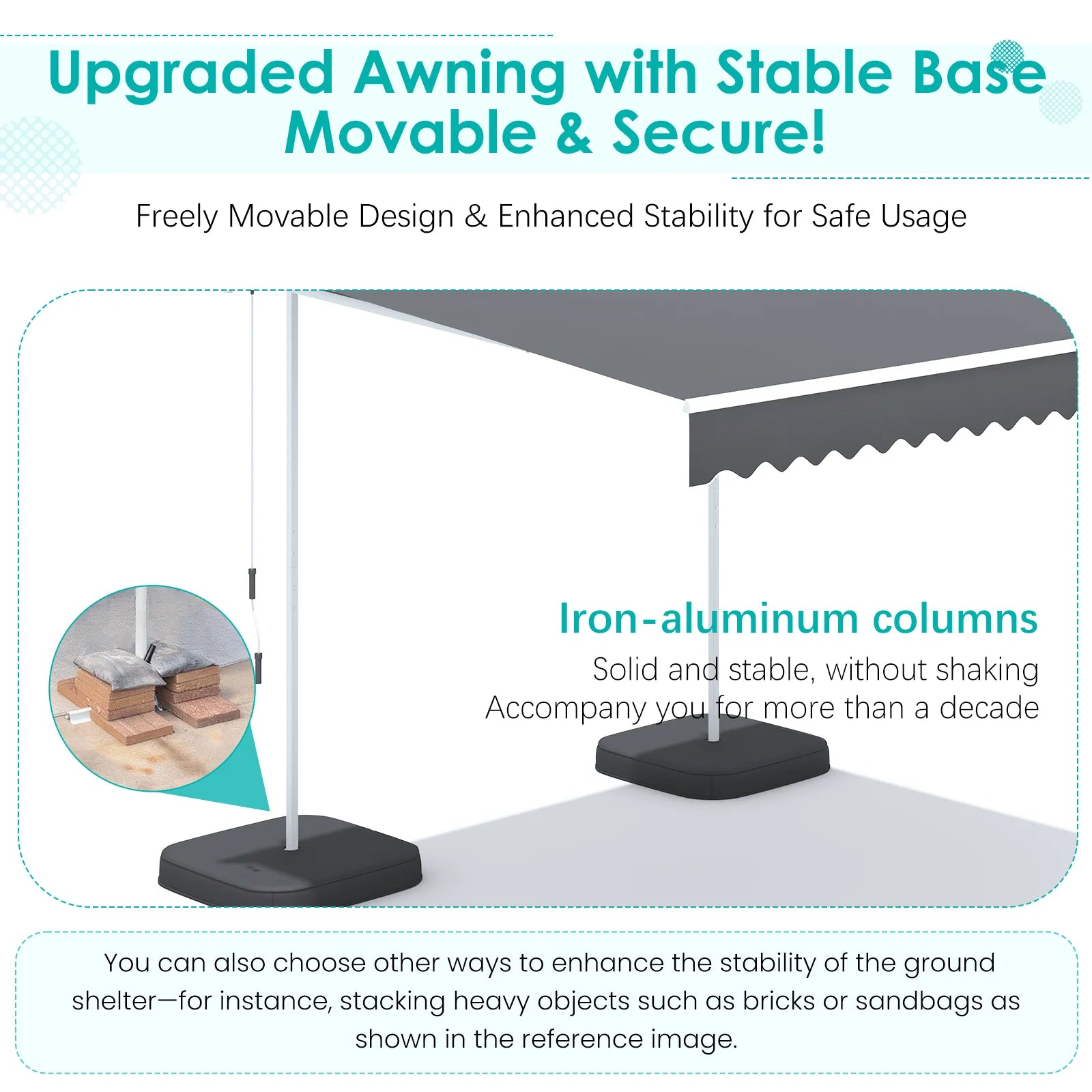 AECOJOY Free Standing Retractable Awning, 10'x8' Patio Awnings Outdoor Manual Sun Shade Shelter, Dark Grey