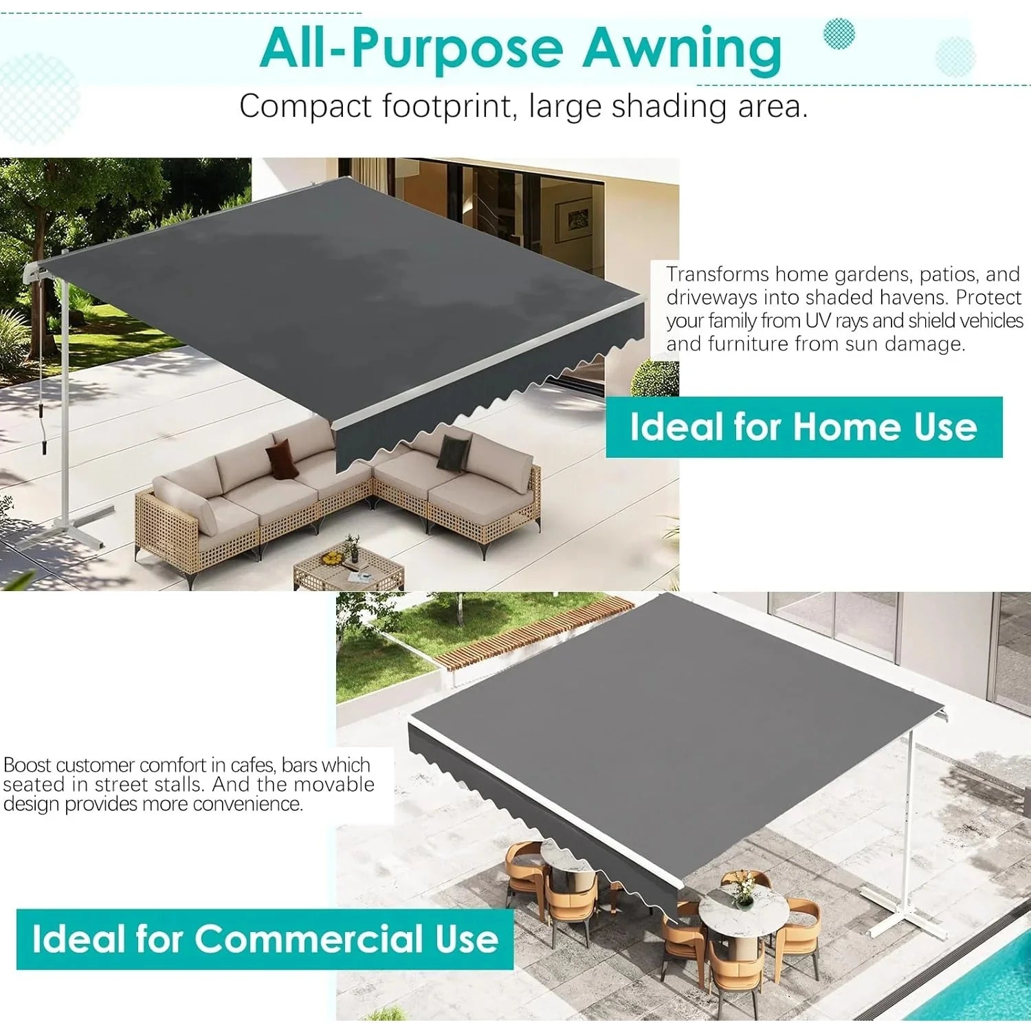 AECOJOY Free Standing Retractable Awning, 10'x8' Patio Awnings Outdoor Manual Sun Shade Shelter, Dark Grey