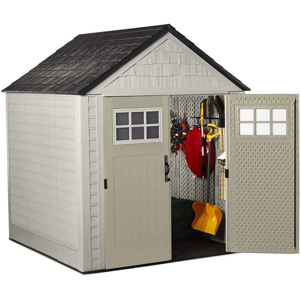 77 Ft Durable Weather Resistant Resin Outdoor Garden Storage Shed with Windows and Utility Hooks, Sand