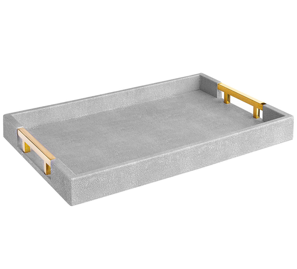 Modern Elegant 18"x12" Rectangle Grey Glossy Shagreen Decorative Ottoman Coffee Table Perfume Living Room Kitchen Serving Tray with Gold Polished