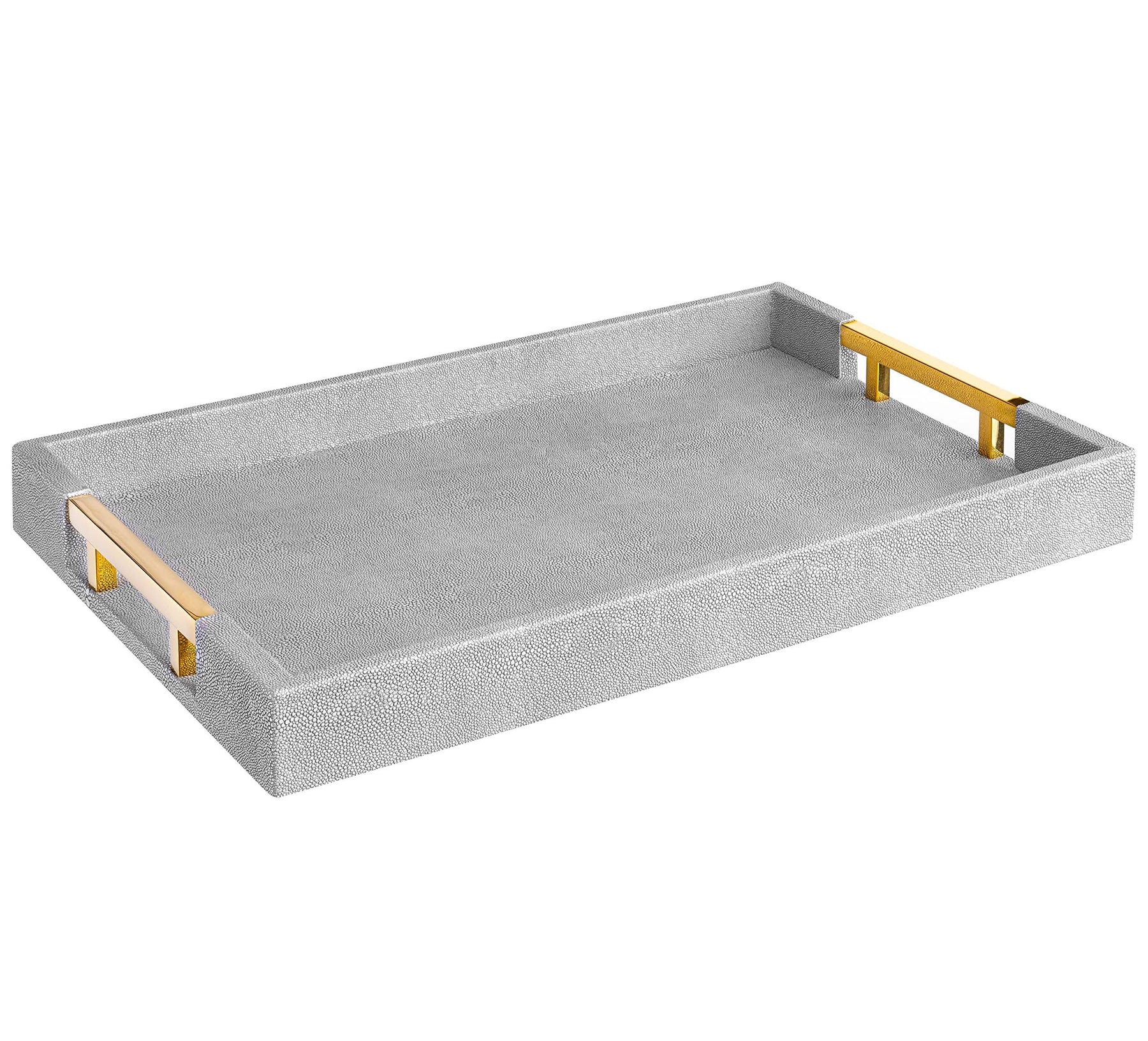 Modern Elegant 18"x12" Rectangle Grey Glossy Shagreen Decorative Ottoman Coffee Table Perfume Living Room Kitchen Serving Tray with Gold Polished