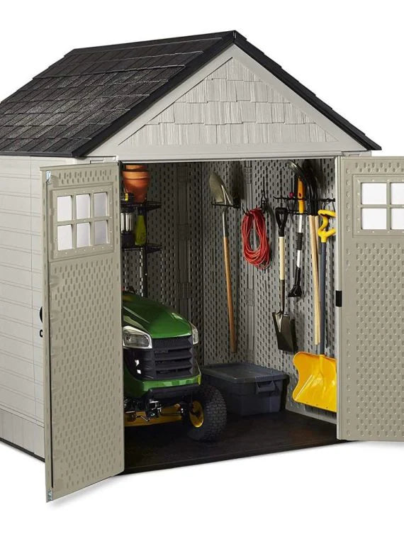 77 Ft Durable Weather Resistant Resin Outdoor Garden Storage Shed with Windows and Utility Hooks, Sand
