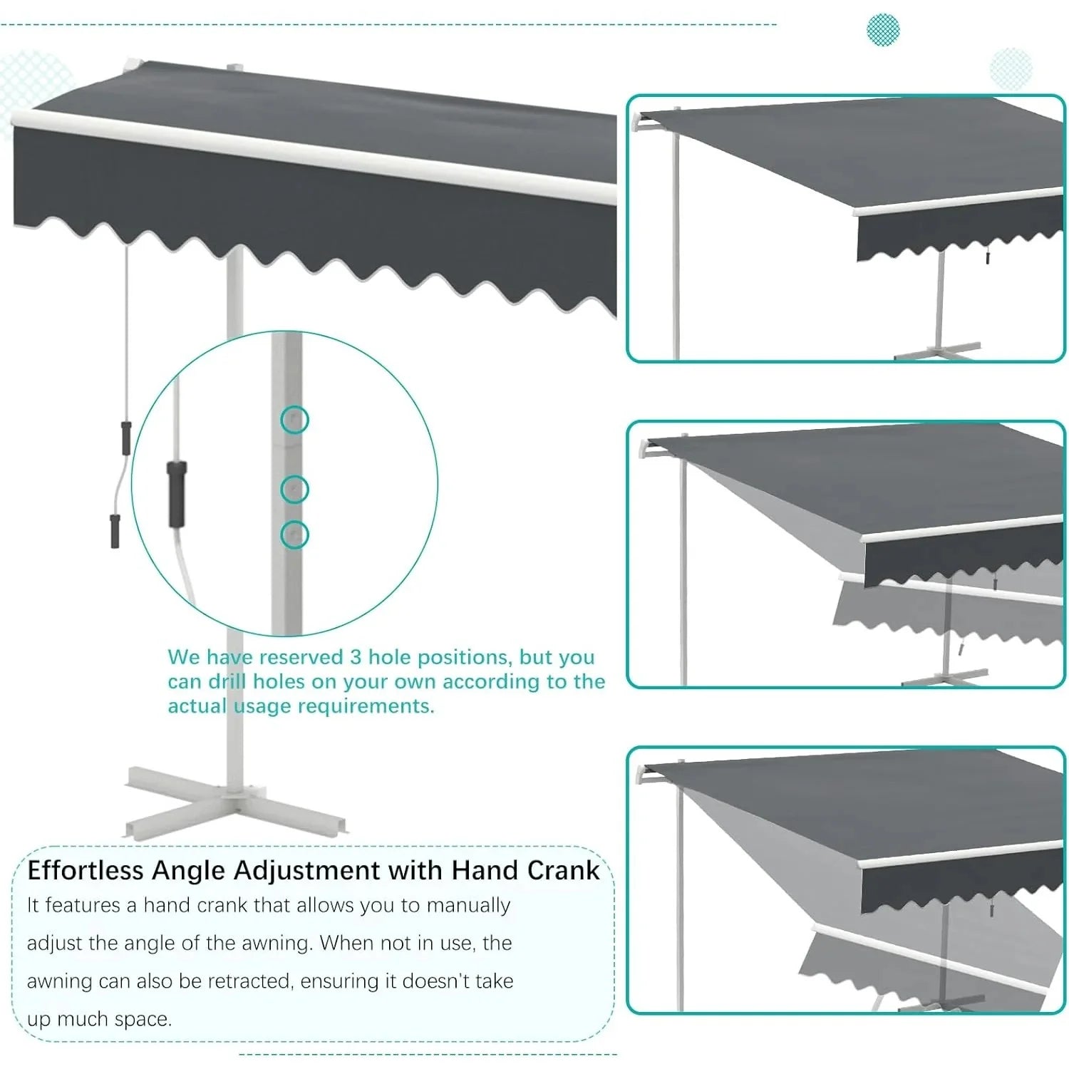 AECOJOY Free Standing Retractable Awning, 10'x8' Patio Awnings Outdoor Manual Sun Shade Shelter, Dark Grey