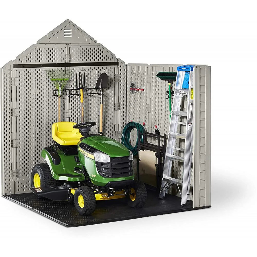 77 Ft Durable Weather Resistant Resin Outdoor Garden Storage Shed with Windows and Utility Hooks, Sand